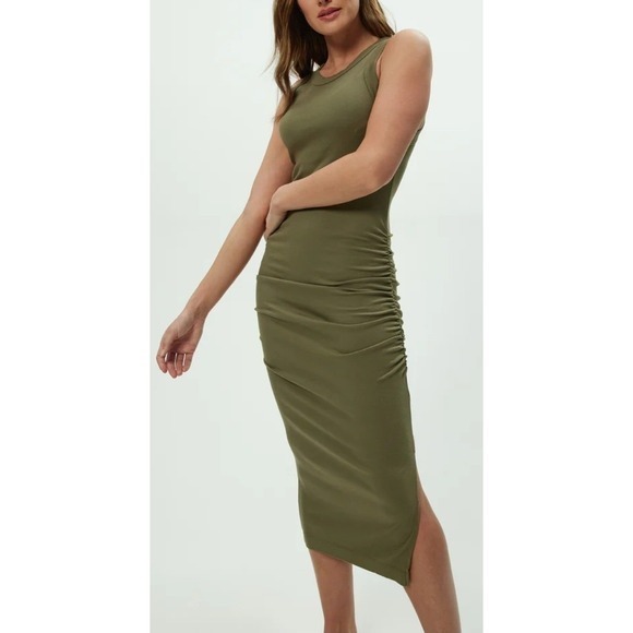 Michael Stars Dresses & Skirts - Michael Stars Wren Olive Green Ribbed Ruched Side Slit Midi Dress Womens Sz Med